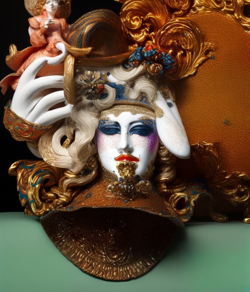  PHOTOGRAPH of a bright, Colorful and Shiny (((Meissen Porcelain HOLOFERNES))) with a (((GLITTERY HAT))), (((curly sculptural Porcelain hair))) looking at the viewer, on a black background, Stunning Masterpiece, Wide angle, 3:2 aspect radio, with perfect expression and facial structure, LARGE EYES, in the style of FRAGONARD, ultra sharp focus, 8k, big dark eyes, closed mouth, (((45 degree light))),  hyperrealistic, full body, detailed clothing, highly detailed, cinematic lighting, stunningly beautiful, intricate, sharp focus, f/1. 8, 85mm, (centered image composition), (professionally color graded), ((bright soft diffused light)), volumetric fog, trending on instagram, trending on tumblr, HDR 4K, 8K