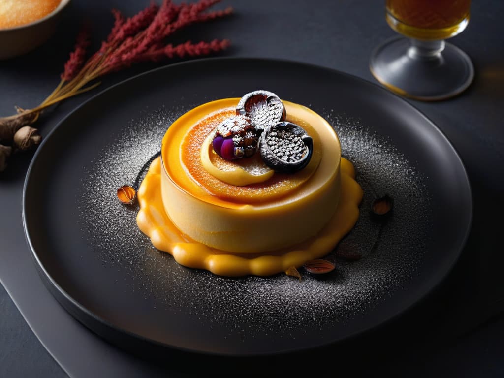  A closeup, photorealistic image of a decadent saffroninfused crème brûlée with a perfectly caramelized top, sprinkled with delicate saffron threads and garnished with a single elegant strand of vanilla bean. The dessert is presented on a sleek white plate, set against a dark, moody background that enhances the richness of the creamy dessert and highlights the vibrant hues of the saffron. The lighting captures every detail, from the fine sugar crust to the intricate specks of saffron, inviting the viewer to savor the luxurious flavors and textures of this exquisite postre con azafrán de calidad. hyperrealistic, full body, detailed clothing, highly detailed, cinematic lighting, stunningly beautiful, intricate, sharp focus, f/1. 8, 85mm, (centered image composition), (professionally color graded), ((bright soft diffused light)), volumetric fog, trending on instagram, trending on tumblr, HDR 4K, 8K