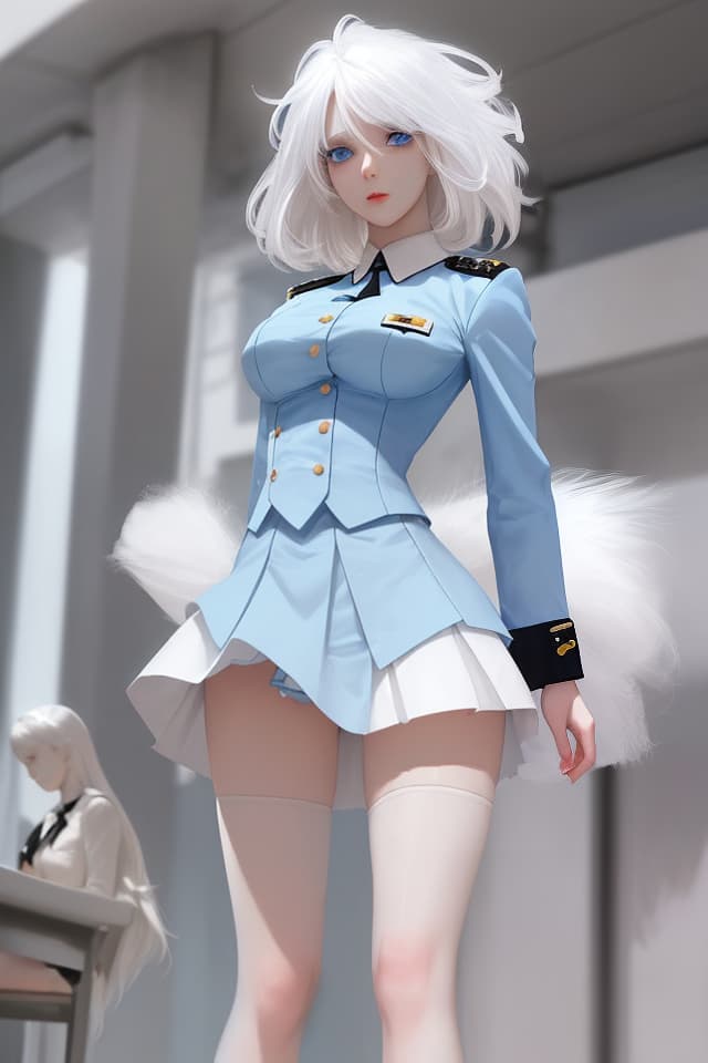  Women, white hair, light blue eyes, I cup, uniform figure, mini skirt