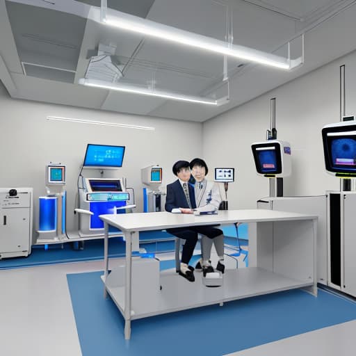  Dr. Li Dr. Wang Dr. Sun is next to the laboratory robot robot talking three doctors shocked the spacious laboratory,