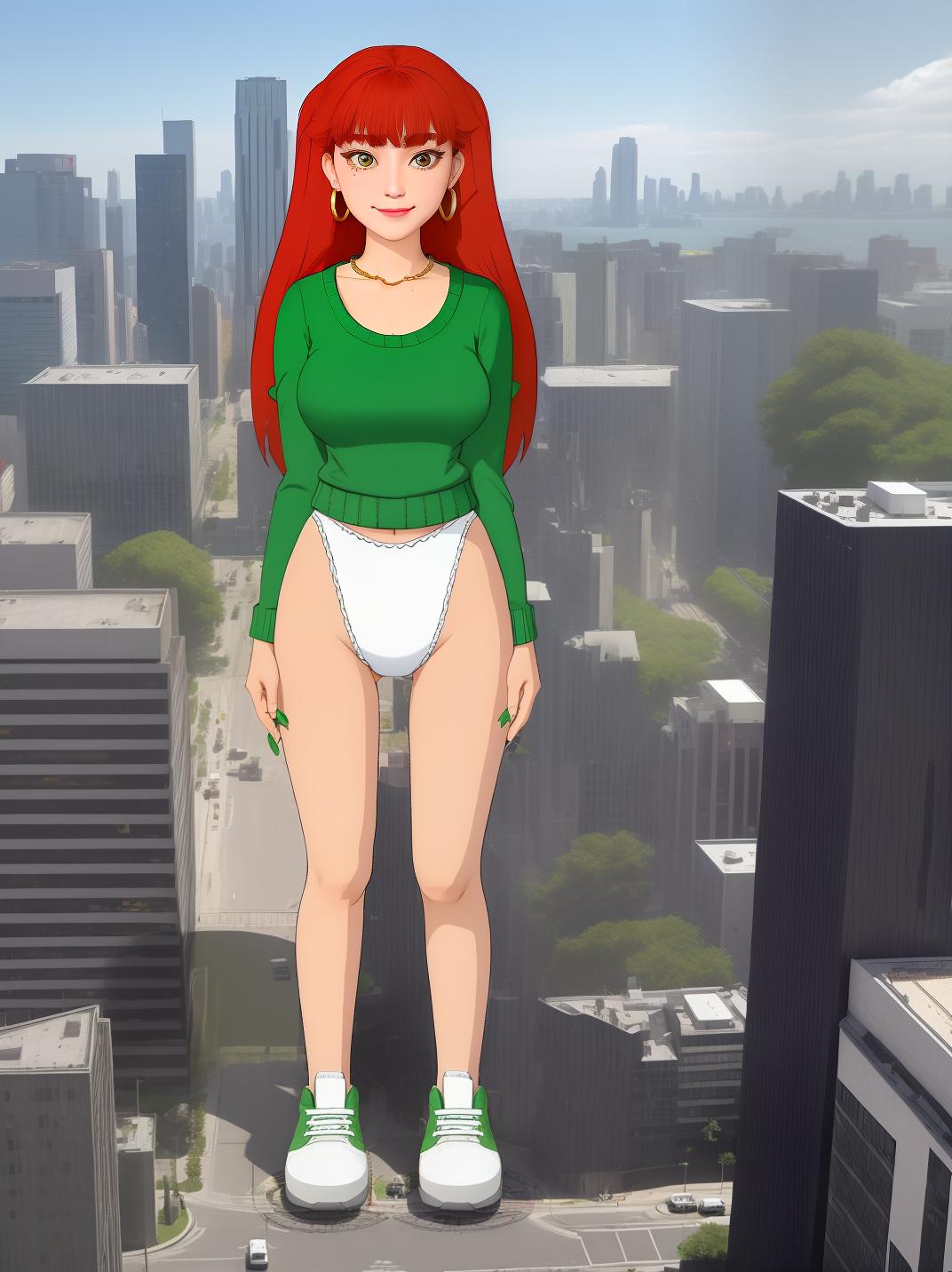  masterpiece, best quality, full body, aerial view, golden eyes, looking down, arched eyebrows, smirk, standing, 1girl,(mega giantess girl:1.5), ((green solid color sweater,white high cut leg panties)), sneakers, hoop earrings, long red hair, city, buildings, Best Quality, Masterpiece, 8k resolution