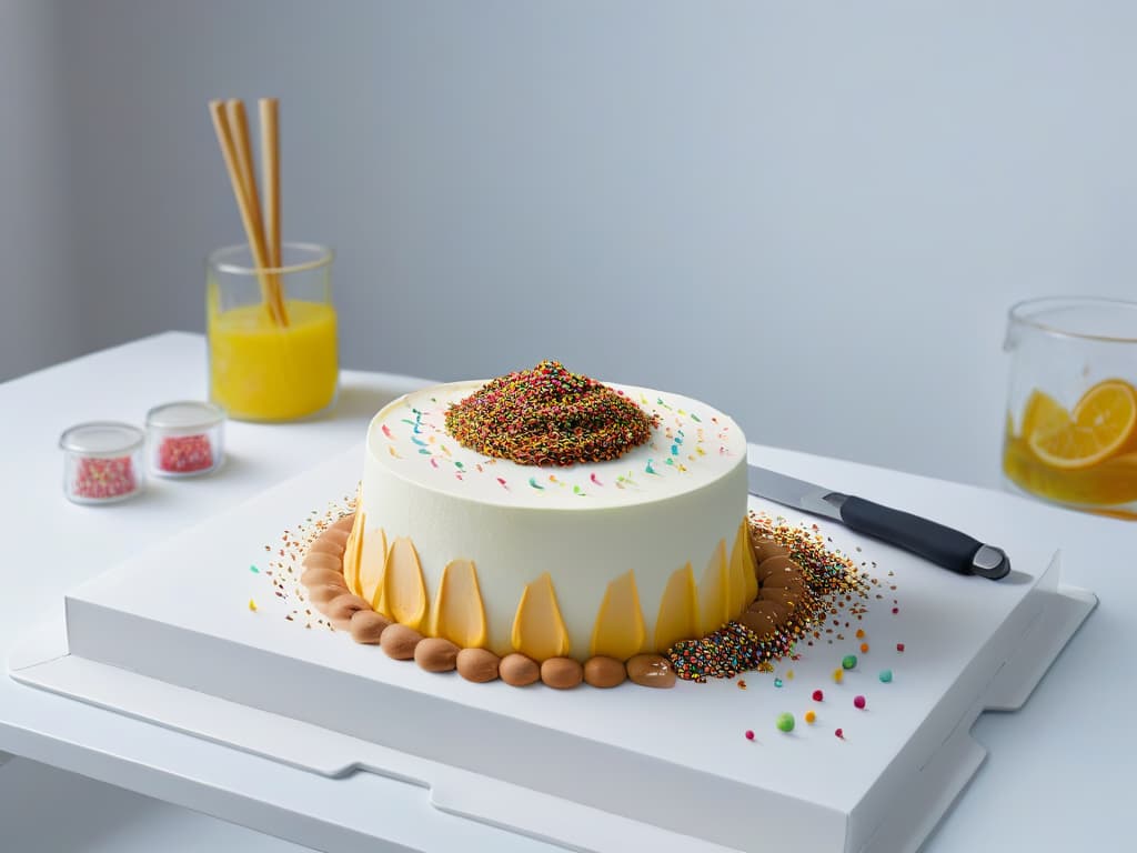  An ultradetailed, 8k resolution image showcasing a sleek, minimalistic kitchen countertop with a variety of highend graphic design software tools like Adobe Creative Suite, CorelDRAW, and Procreate neatly arranged next to piping bags, fondant tools, and colorful sprinkles. The image exudes professionalism and creativity, perfectly capturing the fusion between graphic design and pastry artistry. hyperrealistic, full body, detailed clothing, highly detailed, cinematic lighting, stunningly beautiful, intricate, sharp focus, f/1. 8, 85mm, (centered image composition), (professionally color graded), ((bright soft diffused light)), volumetric fog, trending on instagram, trending on tumblr, HDR 4K, 8K