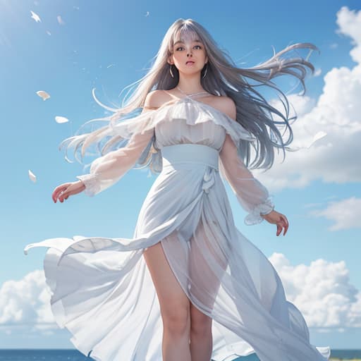  1girl, bangs, blue eyes, blue, blue sky, blurry, blurry background, blurry foreground, blush,, cloud, cloudy sky, condensation trail, day, depth of field, eyebrows visible through hair, feathers, floating hair, long hair, long sleeves, looking at viewer, motion blur, outdoors, petals, silver hair,, sky, solo, standing, thighhighs, very long hair, wind, wind lift,clothes tug, cocktail dress, cocktail glass, wind,, masterpiece, best quality, highly detailed<lora:skirt_tug_v0.1:1.0><lyco:GoodHands-beta2:1.0>