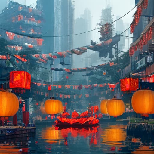  In the Cyberpunk style festival celebration scene, a dragon boat filled with Zongzi wrapped in bamboo leaves and tightened by a red rope floats quietly on the water. The background is a cyberpunk building full of futuristic technology, with holiday lanterns hanging from the building, creating an atmosphere of festive celebration. The entire picture combines traditional cultural elements with modern technology, displaying a unique visual impact.，