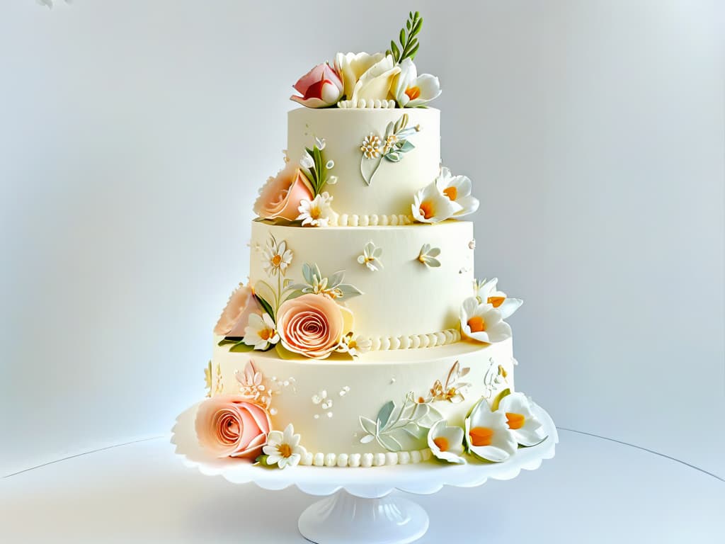  A highresolution, ultradetailed image of a beautifully decorated threetier wedding cake, featuring intricate fondant designs, delicate sugar flowers, and elegant piping details in pastel colors. The cake is displayed on a minimalist, pristine white cake stand against a clean, unobtrusive background, showcasing the artistry and skill of an advanced pastry chef. hyperrealistic, full body, detailed clothing, highly detailed, cinematic lighting, stunningly beautiful, intricate, sharp focus, f/1. 8, 85mm, (centered image composition), (professionally color graded), ((bright soft diffused light)), volumetric fog, trending on instagram, trending on tumblr, HDR 4K, 8K