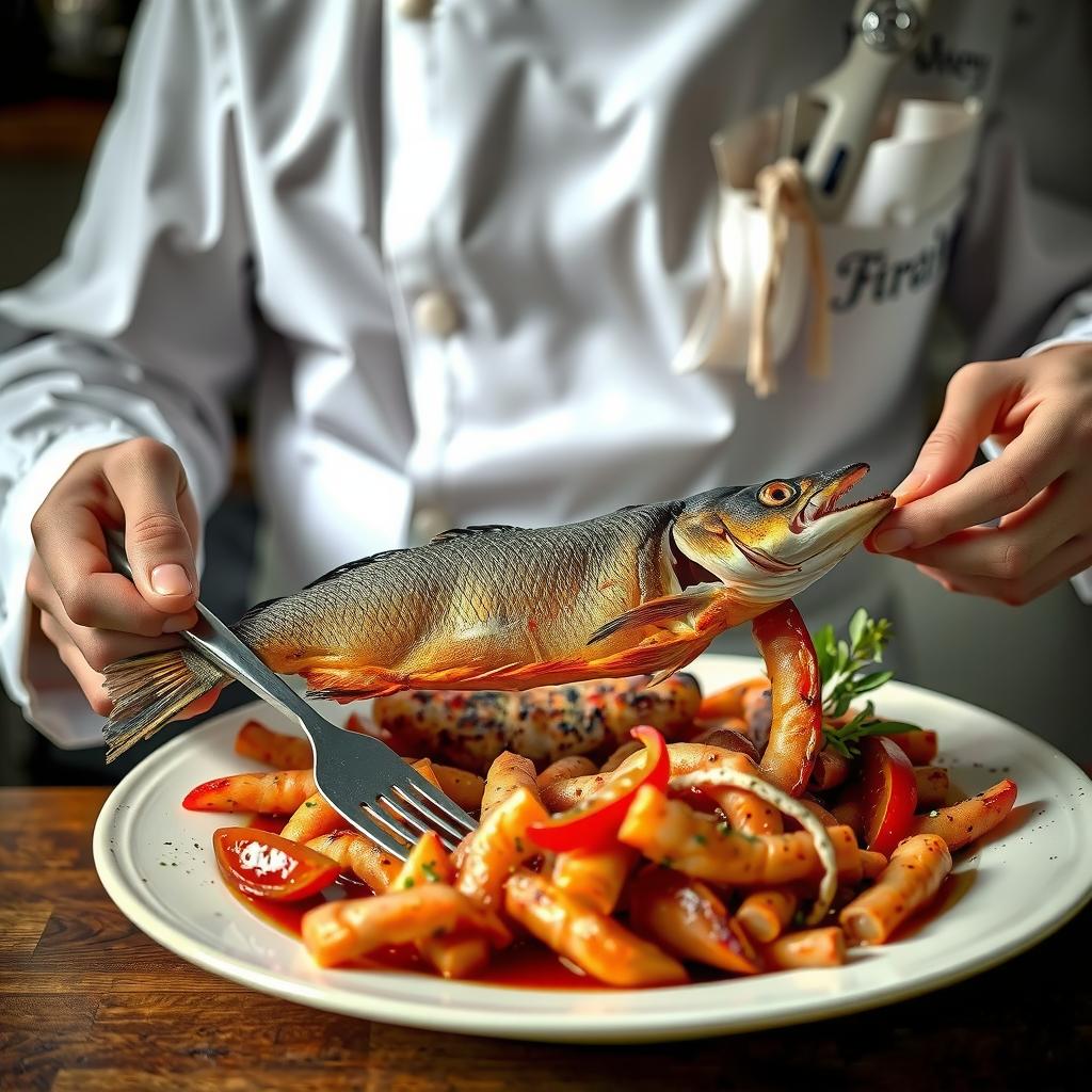  hyper realistic food photography, chef with a plate of freshly grilled fish, soft lighting, intricate details. hyperrealistic, full body, detailed clothing, highly detailed, cinematic lighting, stunningly beautiful, intricate, sharp focus, f/1. 8, 85mm, (centered image composition), (professionally color graded), ((bright soft diffused light)), volumetric fog, trending on instagram, trending on tumblr, HDR 4K, 8K