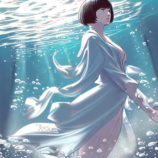  a human woman under water with short hair no reaction without anything else change robe