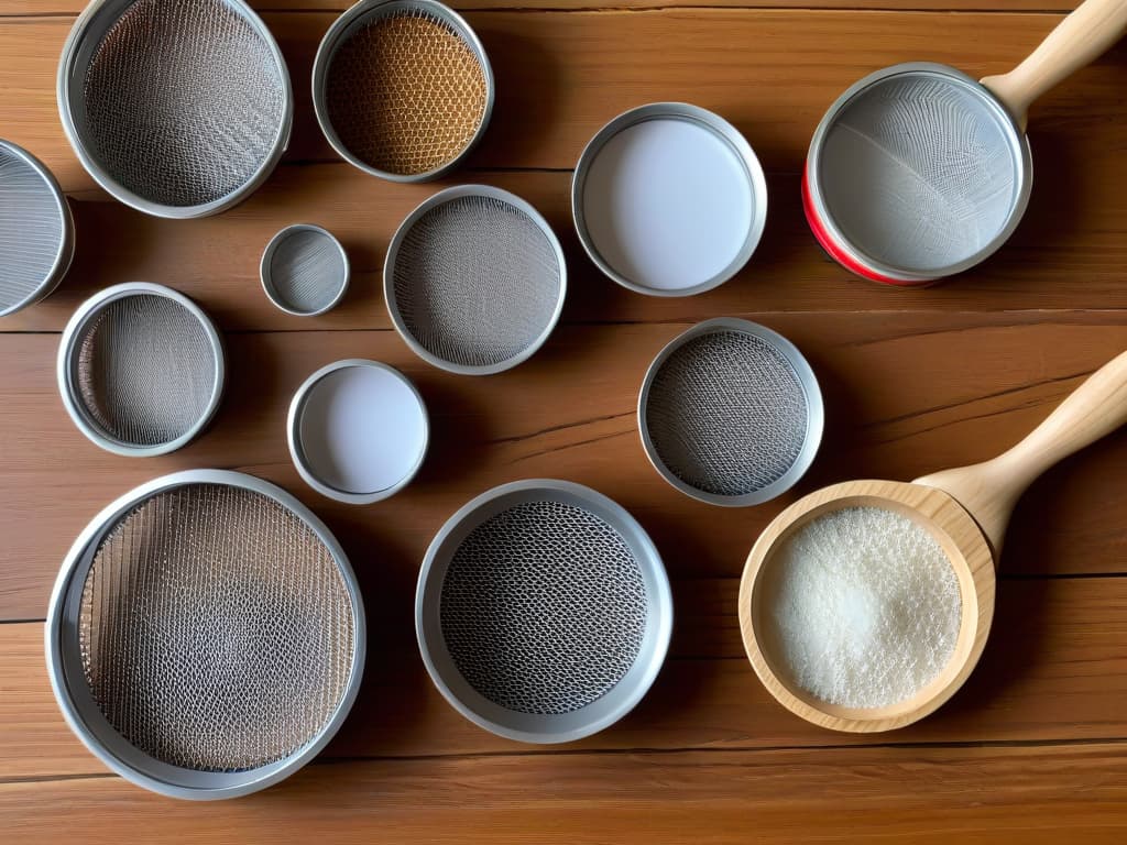  A closeup, ultradetailed image of a variety of sifters and sieves arranged neatly on a light wooden table, capturing the intricate details of their mesh sizes and handles. The lighting is soft, emphasizing the textures and shapes of the tools, creating a visually appealing and informative minimalist composition. hyperrealistic, full body, detailed clothing, highly detailed, cinematic lighting, stunningly beautiful, intricate, sharp focus, f/1. 8, 85mm, (centered image composition), (professionally color graded), ((bright soft diffused light)), volumetric fog, trending on instagram, trending on tumblr, HDR 4K, 8K