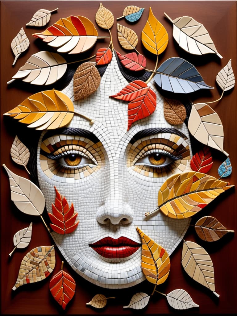  surrealist art autumn leaves folded in the shape of a woman's face, made of mosaic, style of Junko Mizuno . dreamlike, mysterious, provocative, symbolic, intricate, detailed