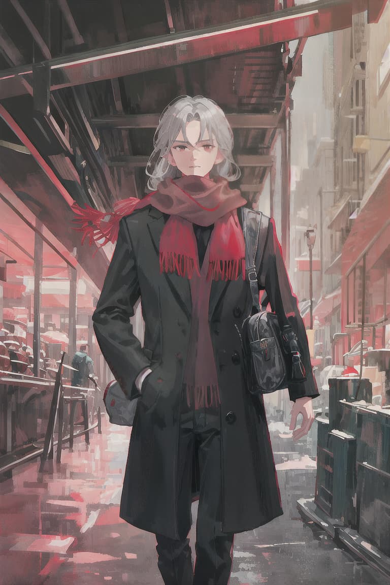  master piece , best quality,Gray hair, male, red scarf, long black coat, adventurer