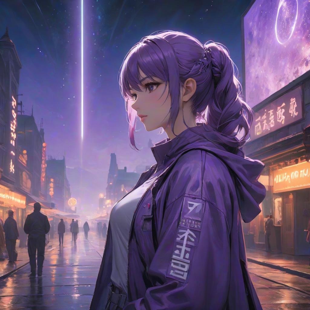  woman standing in front of a purple background, artwork in the style of guweiz, , the sky has the milky way, anxious steward of a new castle, the diskworld, breakcore, warmly lit, sidewalk, runic words, toko 4k hdr hyperrealistic, full body, detailed clothing, highly detailed, cinematic lighting, stunningly beautiful, intricate, sharp focus, f/1. 8, 85mm, (centered image composition), (professionally color graded), ((bright soft diffused light)), volumetric fog, trending on instagram, trending on tumblr, HDR 4K, 8K