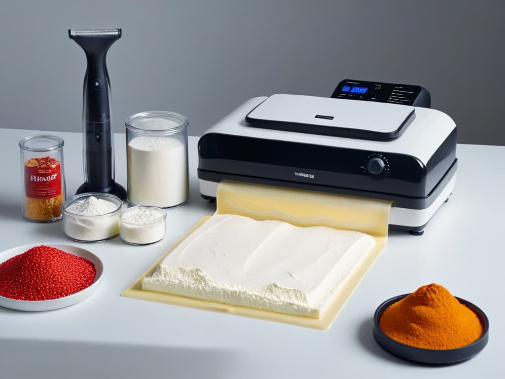  An ultradetailed, 8k resolution image of a sleek, modern kitchen countertop with a variety of vacuumsealed baking tools neatly arranged: a vacuum sealer machine, vacuumsealed containers filled with colorful ingredients like flour and sugar, a set of vacuumsealed piping bags, and a vacuumsealed cookbook on the side. The image showcases the tools' minimalist design, emphasizing their importance in the art of vacuumsealed baking. hyperrealistic, full body, detailed clothing, highly detailed, cinematic lighting, stunningly beautiful, intricate, sharp focus, f/1. 8, 85mm, (centered image composition), (professionally color graded), ((bright soft diffused light)), volumetric fog, trending on instagram, trending on tumblr, HDR 4K, 8K