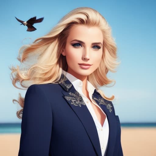 modelshoot style a beautiful lady with perfect face blond hair facing a flying sparrow unreal high quality