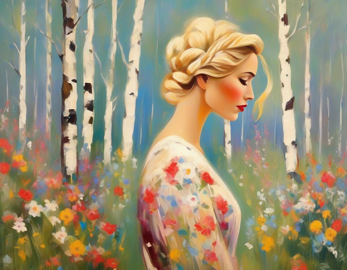  abstract expressionist painting A masterpiece.A beautiful girl with a blond braid in the image of spring stands by a birch tree.She has a wreath of wildflowers on her head.The girl is wearing a beautiful sundress in the Russian folk style. A train of wildflowers stretches from the hem of the sundress at the bottom. In the background there is a background in the form of a green blue gradient.The style is Russian patterns.The most beautiful picture in the world . energetic brushwork, bold colors, abstract forms, expressive, emotional hyperrealistic, full body, detailed clothing, highly detailed, cinematic lighting, stunningly beautiful, intricate, sharp focus, f/1. 8, 85mm, (centered image composition), (professionally color graded), ((bright soft diffused light)), volumetric fog, trending on instagram, trending on tumblr, HDR 4K, 8K