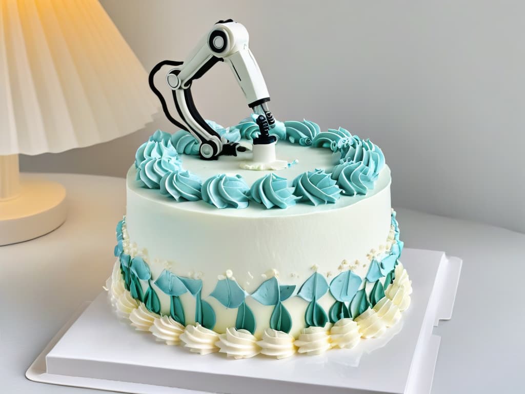  A sleek, modern robot arm adorned with intricate piping tips delicately decorating a cake with precision and speed. Each movement is calculated and flawless, showcasing the marriage of technology and artistry in cake decoration. The cake itself is a blank canvas, waiting to be transformed into a masterpiece by the robotic arm's precise movements. The background is a soft, neutral color to highlight the intricate details of the cake decoration process. hyperrealistic, full body, detailed clothing, highly detailed, cinematic lighting, stunningly beautiful, intricate, sharp focus, f/1. 8, 85mm, (centered image composition), (professionally color graded), ((bright soft diffused light)), volumetric fog, trending on instagram, trending on tumblr, HDR 4K, 8K