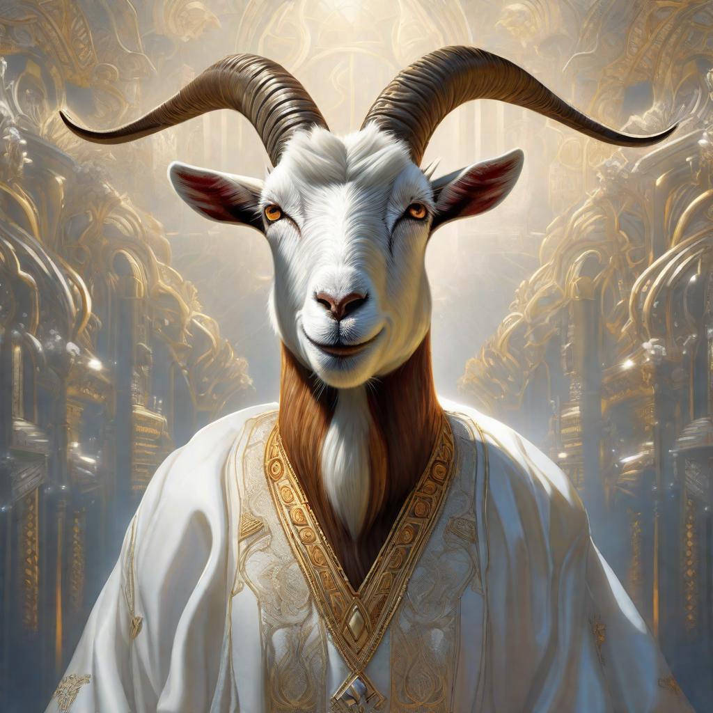  A goat eith a cr7 shirt , realistic, portrait, art by donato giancola and greg rutkowski, realistic face, digital art, trending on artstation hyperrealistic, full body, detailed clothing, highly detailed, cinematic lighting, stunningly beautiful, intricate, sharp focus, f/1. 8, 85mm, (centered image composition), (professionally color graded), ((bright soft diffused light)), volumetric fog, trending on instagram, trending on tumblr, HDR 4K, 8K