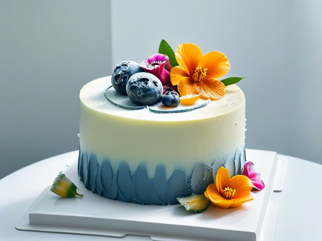  A closeup, ultradetailed image of a decadent, multilayered exotic fruit cake adorned with intricate edible flower decorations, set on a sleek, modern white cake stand against a softfocus background that subtly hints at a bustling pastry kitchen. The vibrant colors of the fruits pop against the muted tones, showcasing the artistry and precision involved in combining exotic flavors in pastrymaking. hyperrealistic, full body, detailed clothing, highly detailed, cinematic lighting, stunningly beautiful, intricate, sharp focus, f/1. 8, 85mm, (centered image composition), (professionally color graded), ((bright soft diffused light)), volumetric fog, trending on instagram, trending on tumblr, HDR 4K, 8K