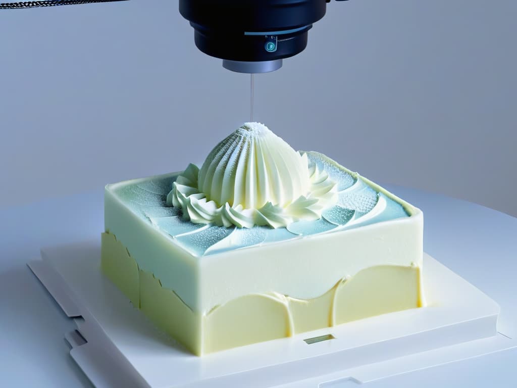  A sleek, minimalistic image showcasing a 3D printer in action, delicately crafting a intricate and detailed dessert mold. The printer is surrounded by a soft, ambient glow, highlighting the precision and innovation of the technology. The design of the mold is elaborate, featuring intricate patterns and textures that hint at the delicious desserts that can be created with it. The overall aesthetic is modern, clean, and inspiring, perfectly capturing the fusion of technology and creativity in custom dessert mold design. hyperrealistic, full body, detailed clothing, highly detailed, cinematic lighting, stunningly beautiful, intricate, sharp focus, f/1. 8, 85mm, (centered image composition), (professionally color graded), ((bright soft diffused light)), volumetric fog, trending on instagram, trending on tumblr, HDR 4K, 8K