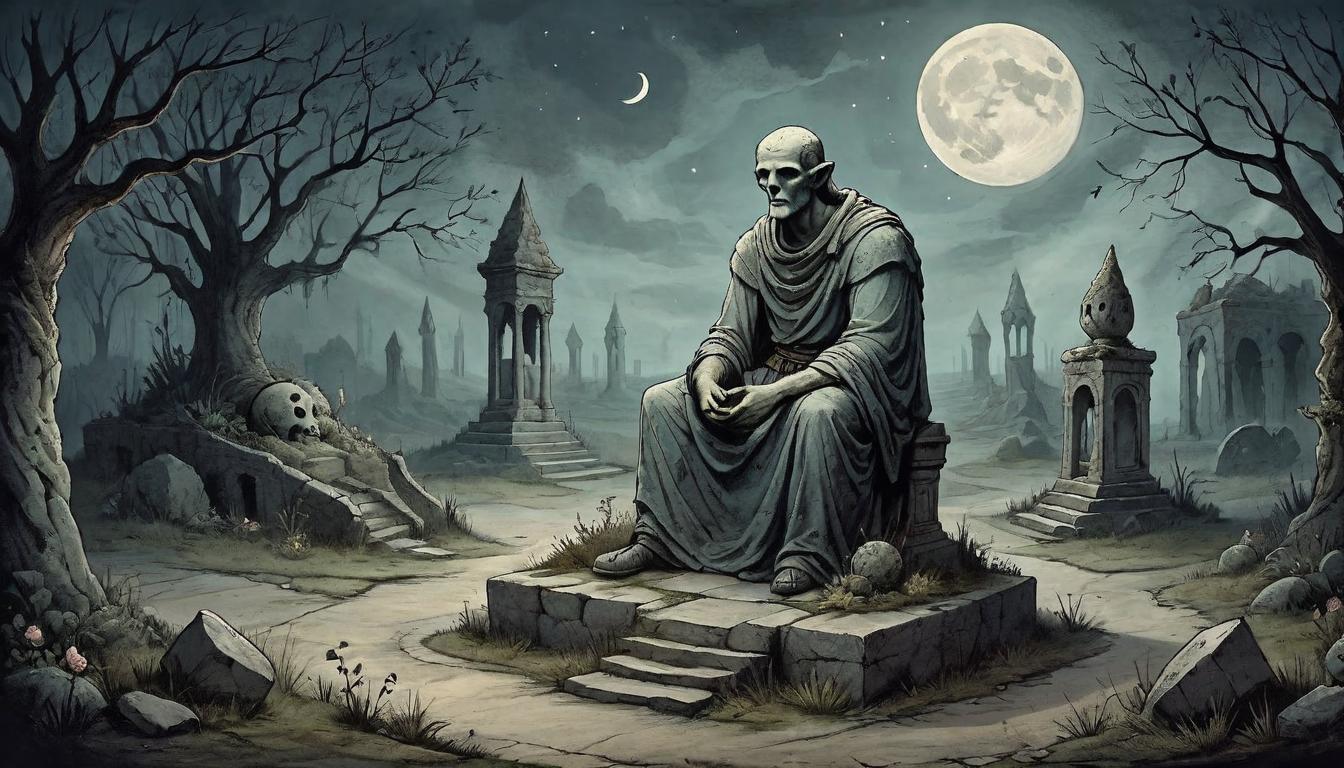  on parchment, surrealism+++, An ancient, crumbling stone statue with hollowed eyes, situated in an abandoned garden under a crescent moon, shadowy and desolate(mysterious, provocative, symbolic,muted color)+++