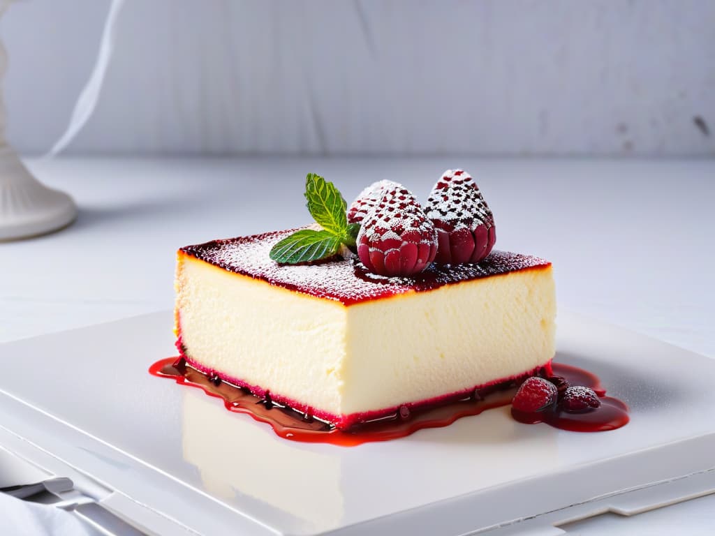  A detailed and ultra HD image of a slice of cheesecake with a decadent swirl of raspberry sauce on top, garnished with fresh mint leaves, placed on a sleek white plate against a black background. The cheesecake is perfectly layered, showcasing the creamy texture and golden crust, inviting the viewer to indulge in its rich and delectable taste. hyperrealistic, full body, detailed clothing, highly detailed, cinematic lighting, stunningly beautiful, intricate, sharp focus, f/1. 8, 85mm, (centered image composition), (professionally color graded), ((bright soft diffused light)), volumetric fog, trending on instagram, trending on tumblr, HDR 4K, 8K