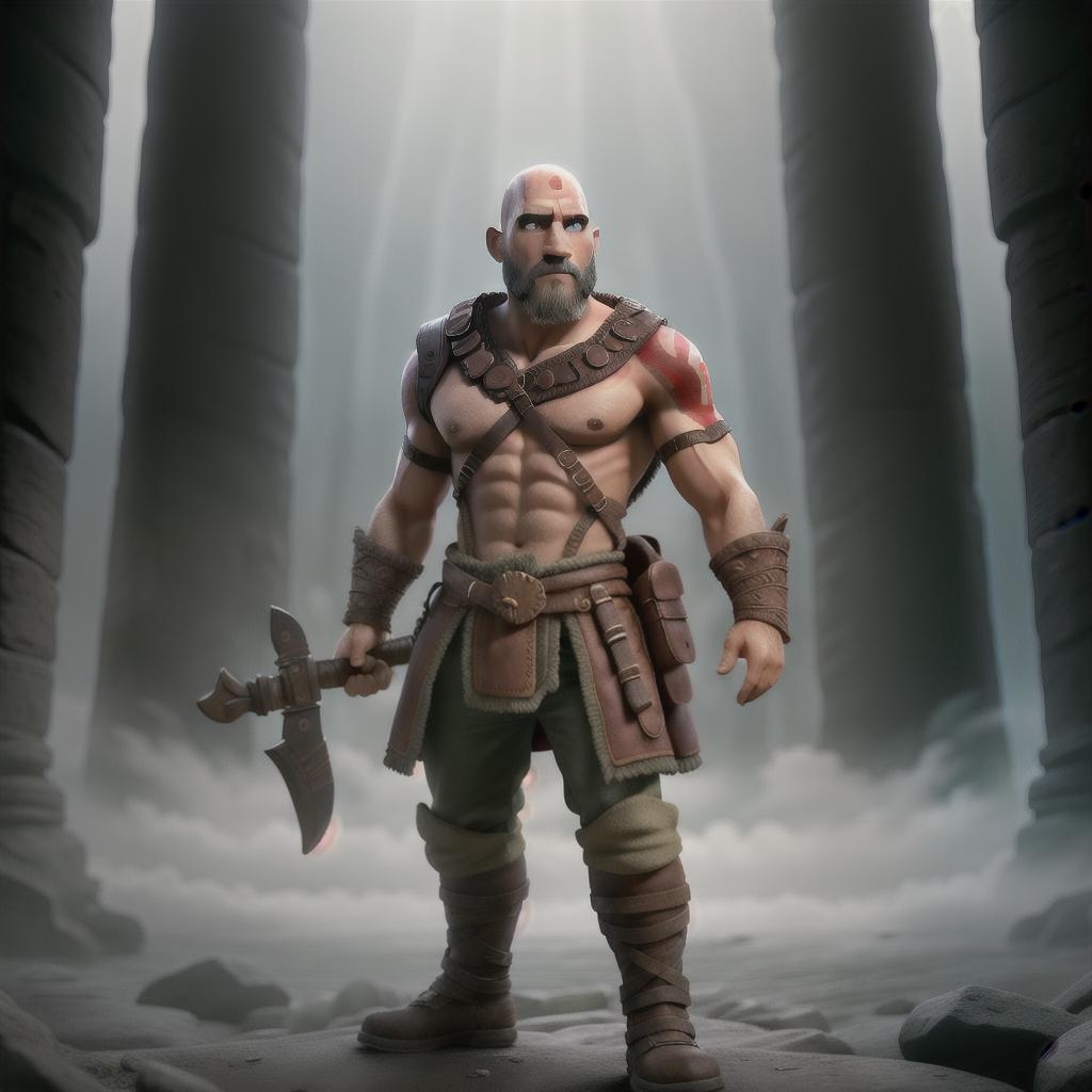  God of war hyperrealistic, full body, detailed clothing, highly detailed, cinematic lighting, stunningly beautiful, intricate, sharp focus, f/1. 8, 85mm, (centered image composition), (professionally color graded), ((bright soft diffused light)), volumetric fog, trending on instagram, trending on tumblr, HDR 4K, 8K