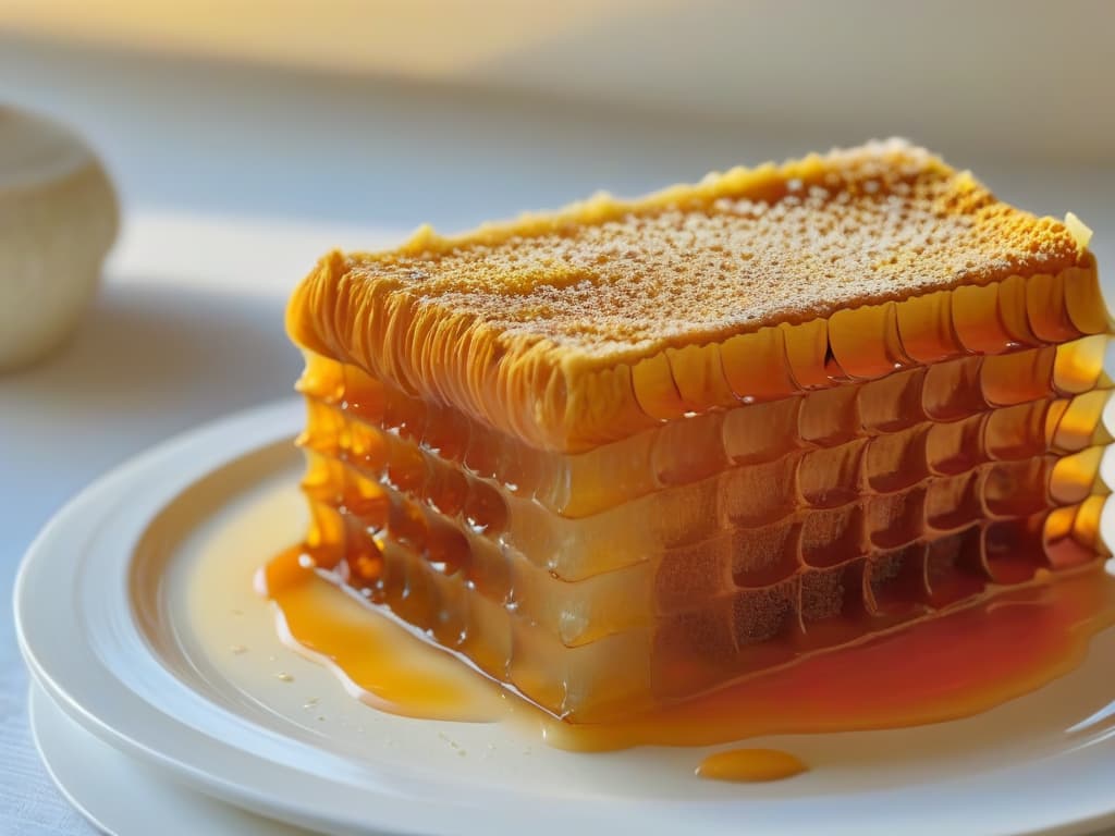  A closeup, photorealistic image of a beautifully crafted honeycomb made with golden, rich miel de abeja melipona. The honey oozes out of the comb, glistening under the light, showcasing its natural sweetness and purity. The background is softly blurred, emphasizing the intricate details of the honeycomb and the vibrant color of the honey. hyperrealistic, full body, detailed clothing, highly detailed, cinematic lighting, stunningly beautiful, intricate, sharp focus, f/1. 8, 85mm, (centered image composition), (professionally color graded), ((bright soft diffused light)), volumetric fog, trending on instagram, trending on tumblr, HDR 4K, 8K