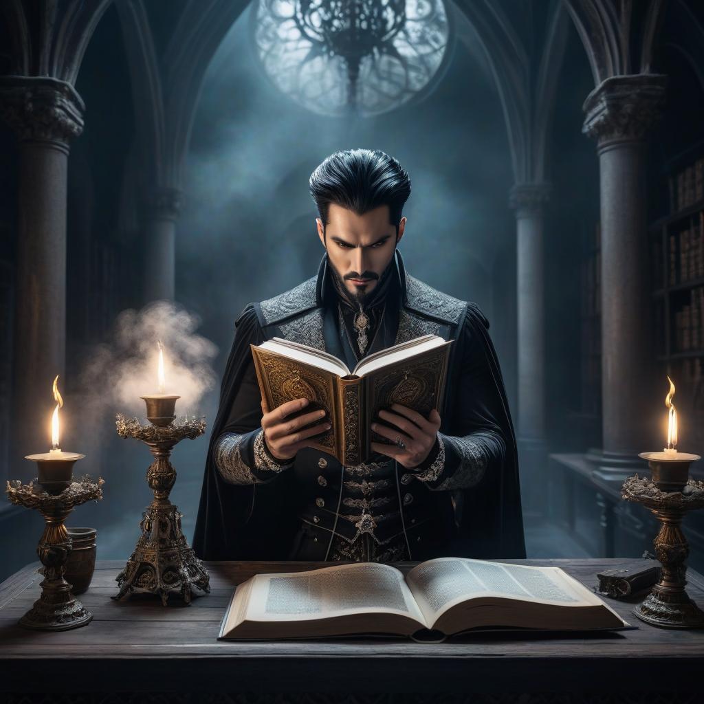  gothic style A man, an ice magician, a book . dark, mysterious, haunting, dramatic, ornate, detailed hyperrealistic, full body, detailed clothing, highly detailed, cinematic lighting, stunningly beautiful, intricate, sharp focus, f/1. 8, 85mm, (centered image composition), (professionally color graded), ((bright soft diffused light)), volumetric fog, trending on instagram, trending on tumblr, HDR 4K, 8K