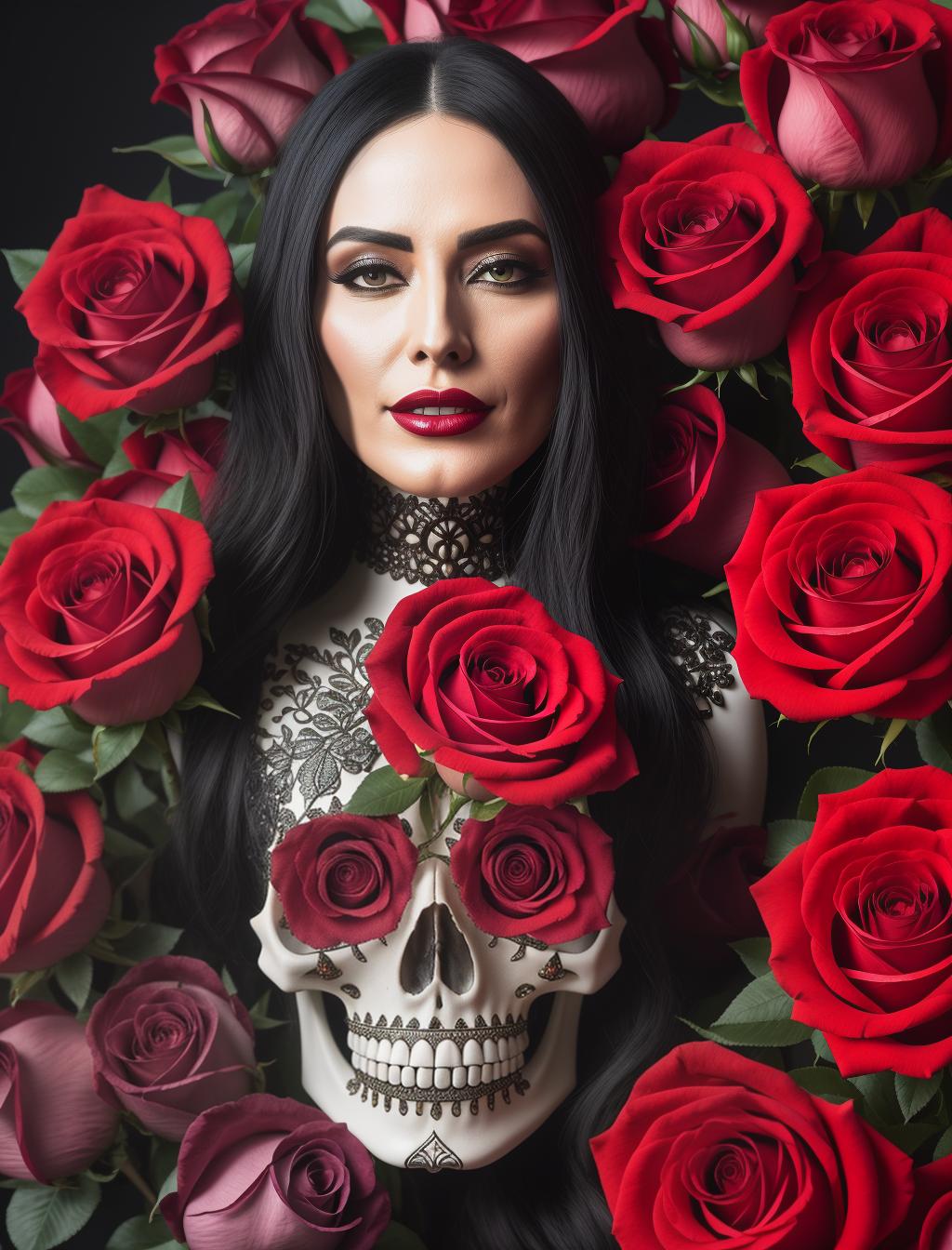  skull surrounded by roses hyperrealistic, full body, detailed clothing, highly detailed, cinematic lighting, stunningly beautiful, intricate, sharp focus, f/1. 8, 85mm, (centered image composition), (professionally color graded), ((bright soft diffused light)), volumetric fog, trending on instagram, trending on tumblr, HDR 4K, 8K