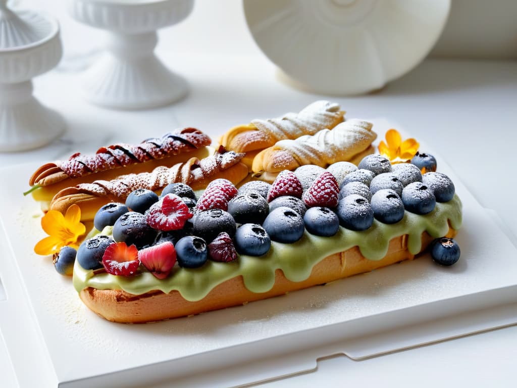  An ultradetailed image of a beautifully arranged platter of colorful Éclairs Saludables, each delicately garnished with fresh berries, edible flowers, and a drizzle of honey. The éclairs are elegantly presented on a sleek, modern white serving dish, set against a backdrop of soft, diffused natural light that highlights their glossy finish and inviting textures. The composition exudes a sense of sophistication and culinary artistry, appealing to both visual and epicurean sensibilities. hyperrealistic, full body, detailed clothing, highly detailed, cinematic lighting, stunningly beautiful, intricate, sharp focus, f/1. 8, 85mm, (centered image composition), (professionally color graded), ((bright soft diffused light)), volumetric fog, trending on instagram, trending on tumblr, HDR 4K, 8K