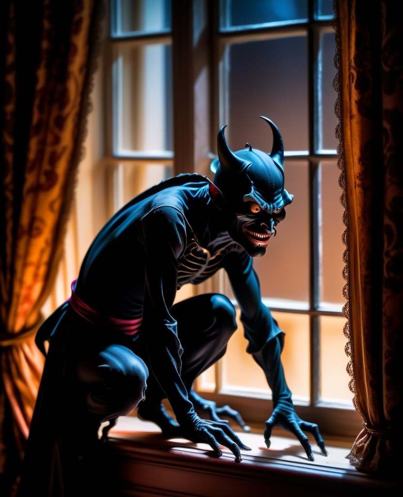  A thin black devil crouching like a gargoyle without wings and without horns looks at me from behind the curtains on the windowsill. In a dimly lit room. The room is furnished with antique furniture.