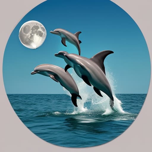  Dolphins jumping over the moon from the ocean