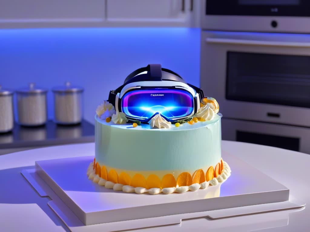  A closeup, ultradetailed image of a virtual reality headset projecting holographic dessert recipes in a sleek, modern kitchen setting. The holographic desserts, shimmering with vibrant colors, are delicately intricate and visually stunning, showcasing a fusion of traditional and futuristic elements. The kitchen background is elegantly minimalist, with clean lines, hightech appliances, and soft, ambient lighting that enhances the futuristic, hightech atmosphere of the scene. hyperrealistic, full body, detailed clothing, highly detailed, cinematic lighting, stunningly beautiful, intricate, sharp focus, f/1. 8, 85mm, (centered image composition), (professionally color graded), ((bright soft diffused light)), volumetric fog, trending on instagram, trending on tumblr, HDR 4K, 8K