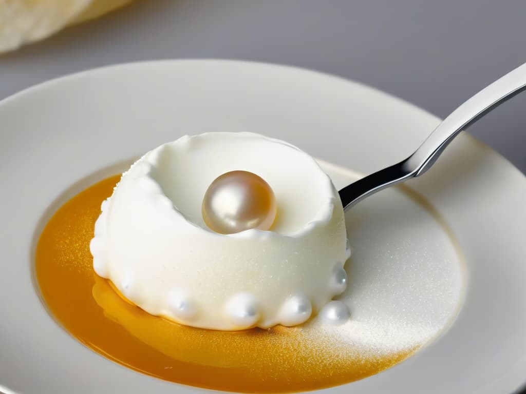  A closeup, ultradetailed image of a single perfectly round, shimmering sugar pearl delicately placed on a goldenhued, intricately designed dessert spoon. The focus is on the exquisite textures of the pearl and the reflective surface of the spoon, capturing the essence of elegance and sophistication in pastry decoration. hyperrealistic, full body, detailed clothing, highly detailed, cinematic lighting, stunningly beautiful, intricate, sharp focus, f/1. 8, 85mm, (centered image composition), (professionally color graded), ((bright soft diffused light)), volumetric fog, trending on instagram, trending on tumblr, HDR 4K, 8K