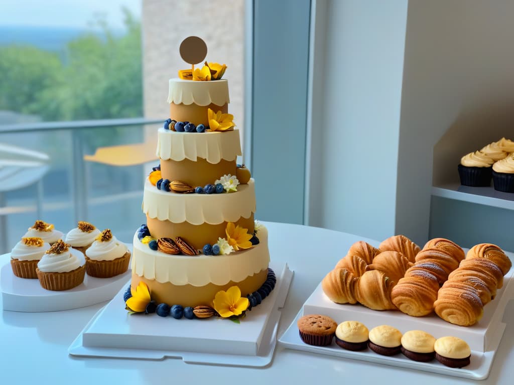  An ultradetailed image of a sleek, modern kitchen filled with an array of vibrant, freshly baked vegan pastries and desserts displayed on minimalist, chic serving platters. The focal point is a beautifully crafted tiered vegan cake with intricate floral decorations, surrounded by trays of goldenbrown vegan croissants, colorful cupcakes topped with swirls of dairyfree frosting, and delicate macarons in pastel hues. Soft natural light filters in through a large window, casting a warm glow over the scene, enhancing the textures and subtle details of each delectable treat. hyperrealistic, full body, detailed clothing, highly detailed, cinematic lighting, stunningly beautiful, intricate, sharp focus, f/1. 8, 85mm, (centered image composition), (professionally color graded), ((bright soft diffused light)), volumetric fog, trending on instagram, trending on tumblr, HDR 4K, 8K