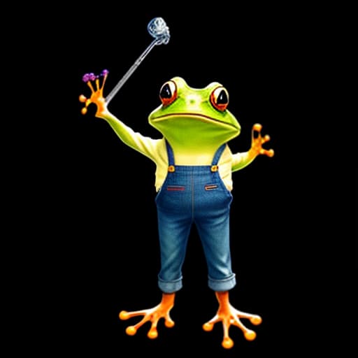 mdjrny-v4 style (a frog wearing blue jean), full body, Ghibli style, Anime, vibrant colors, HDR, Enhance, ((plain black background)), masterpiece, highly detailed, 4k, HQ, separate colors, bright colors