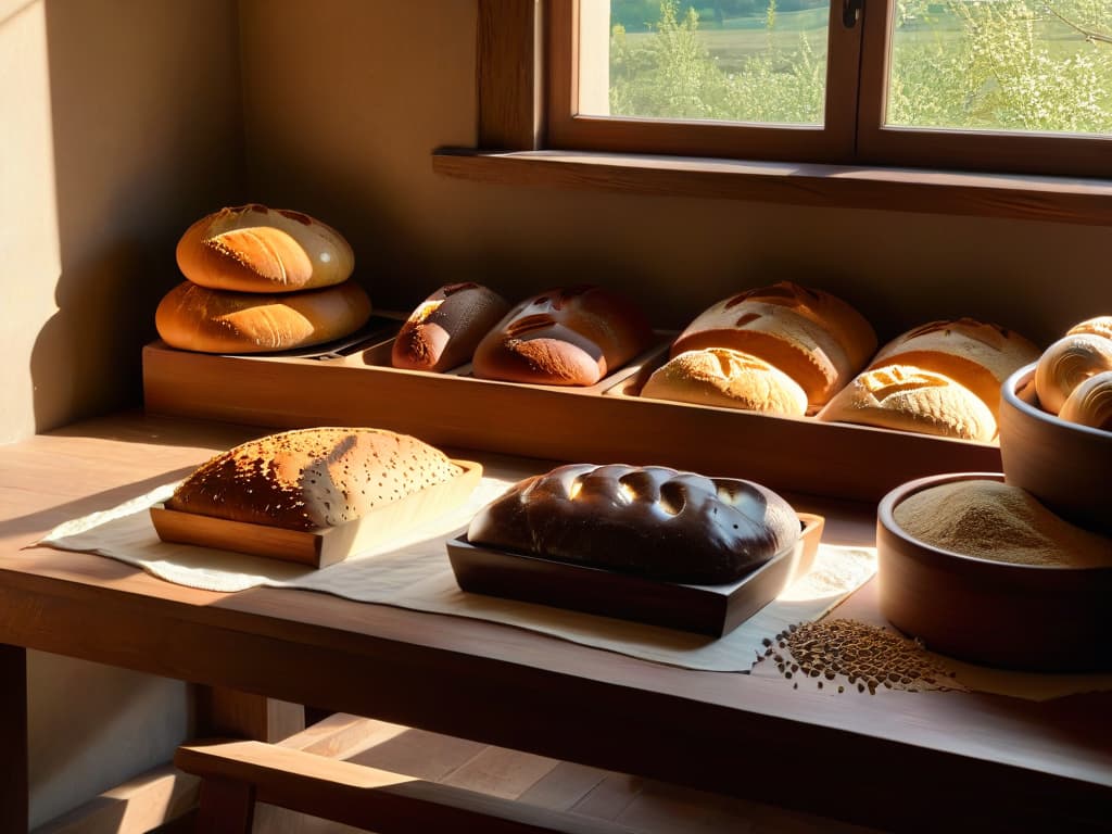  A photorealistic image of a cozy kitchen countertop filled with various homemade bread loaves and doughs rising in artisanal fermenting containers made of wood and clay. Sunlight streaming through a window illuminates the scene, highlighting the textures of the dough and the intricate designs of the containers. The setting exudes a warm, inviting atmosphere, inspiring viewers to elevate their breadmaking skills with homemade fermenters. hyperrealistic, full body, detailed clothing, highly detailed, cinematic lighting, stunningly beautiful, intricate, sharp focus, f/1. 8, 85mm, (centered image composition), (professionally color graded), ((bright soft diffused light)), volumetric fog, trending on instagram, trending on tumblr, HDR 4K, 8K