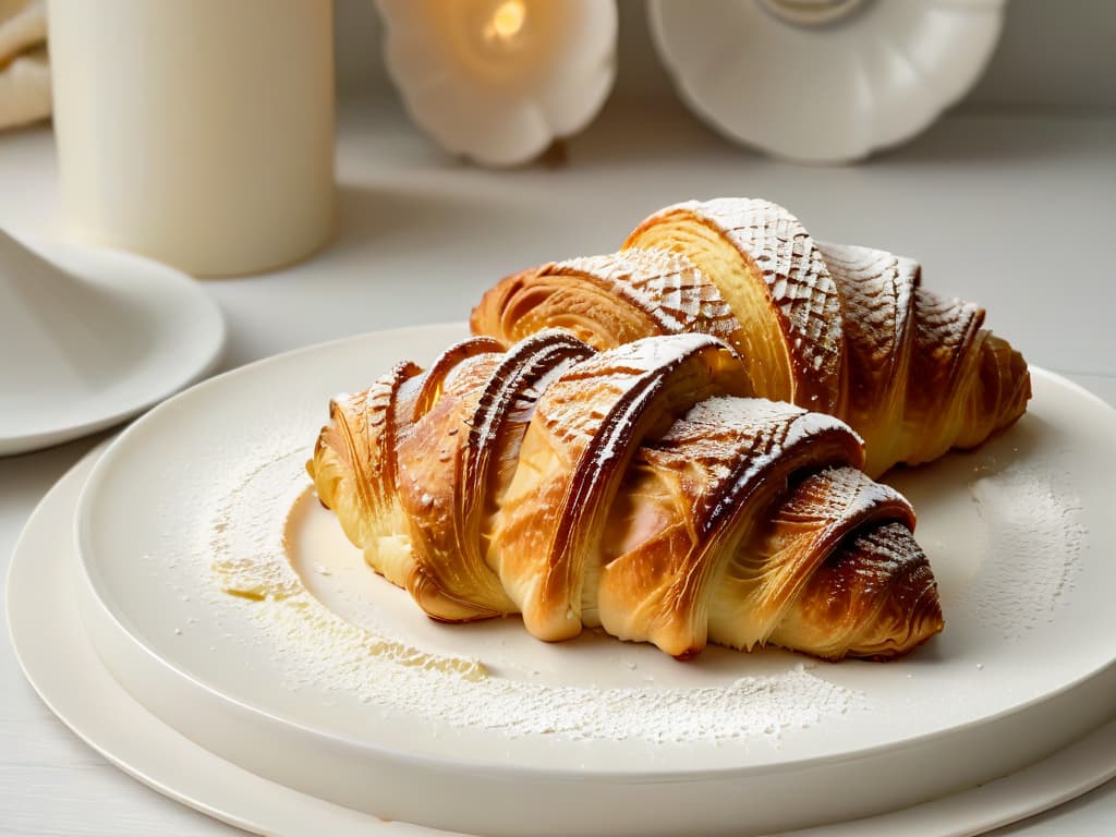  A closeup, ultradetailed image of a perfectly golden and flaky glutenfree croissant, freshly baked and placed on a sleek, modern white plate. The layers of the croissant should be visible, showcasing a light and airy texture, with a sprinkle of powdered sugar on top adding a touch of elegance. The background is a soft, blurred kitchen setting with a hint of natural light streaming in, emphasizing the simplicity and beauty of this glutenfree pastry. hyperrealistic, full body, detailed clothing, highly detailed, cinematic lighting, stunningly beautiful, intricate, sharp focus, f/1. 8, 85mm, (centered image composition), (professionally color graded), ((bright soft diffused light)), volumetric fog, trending on instagram, trending on tumblr, HDR 4K, 8K