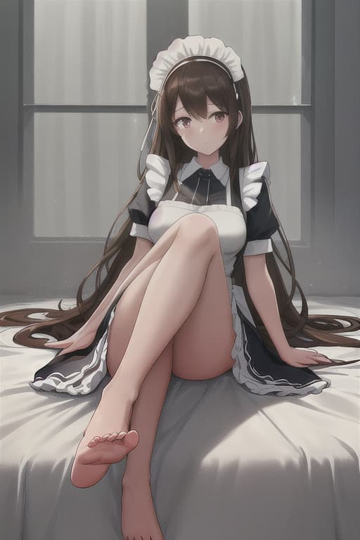  (score 9,score 8 up,score 7 up,),1girl,solo,maid,maid headdress,looking at viewer,apron,brown hair,indoors,black hair,bare foot,feet focus,two feet hyperrealistic, full body, detailed clothing, highly detailed, cinematic lighting, stunningly beautiful, intricate, sharp focus, f/1. 8, 85mm, (centered image composition), (professionally color graded), ((bright soft diffused light)), volumetric fog, trending on instagram, trending on tumblr, HDR 4K, 8K