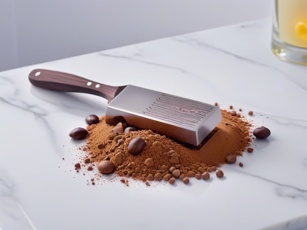  An ultradetailed closeup image of a shiny stainless steel chocolate scraper with intricate engravings on the handle, showcasing its sleek and professional design. The tool is placed on a smooth marble countertop, with a few cocoa beans scattered around as decorative elements. The lighting is soft yet highlights the tool's reflective surface, emphasizing its importance in the art of chocolate making. hyperrealistic, full body, detailed clothing, highly detailed, cinematic lighting, stunningly beautiful, intricate, sharp focus, f/1. 8, 85mm, (centered image composition), (professionally color graded), ((bright soft diffused light)), volumetric fog, trending on instagram, trending on tumblr, HDR 4K, 8K