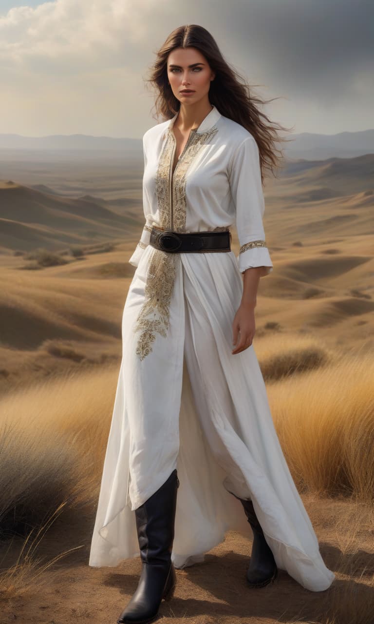  (photorealistic, oil painting:1.3), A very nice . Mid 9th century. Early Middle Ages. The Appearance Is European. Clothing white embroidered shirt, black belt, gray , yellow boots. it stands in the steppe. mesmerizing , long flowing brown hair, (large sensual mouth:1.2), plump lips, sparkling eyes, ( figure:1.2), collaborative style inspired by Enki Bilal and Mark Brooks, noctilucent glow, ethereal aura, detailed brushwork, intricate shadows and highlights, mysterious and captivating expression, unique color palette, masterful use of light and shadow, immersive atmosphere, raw emotion, intense gaze, dynamic composition. hyperrealistic, full body, detailed clothing, highly detailed, cinematic lighting, stunningly beautiful, intricate, sharp focus, f/1. 8, 85mm, (centered image composition), (professionally color graded), ((bright soft diffused light)), volumetric fog, trending on instagram, trending on tumblr, HDR 4K, 8K