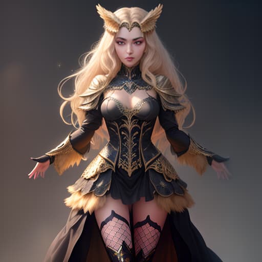  A golden owl girl, with eyes like night sky with stars, fully grown. hyperrealistic, full body, detailed clothing, highly detailed, cinematic lighting, stunningly beautiful, intricate, sharp focus, f/1. 8, 85mm, (centered image composition), (professionally color graded), ((bright soft diffused light)), volumetric fog, trending on instagram, trending on tumblr, HDR 4K, 8K