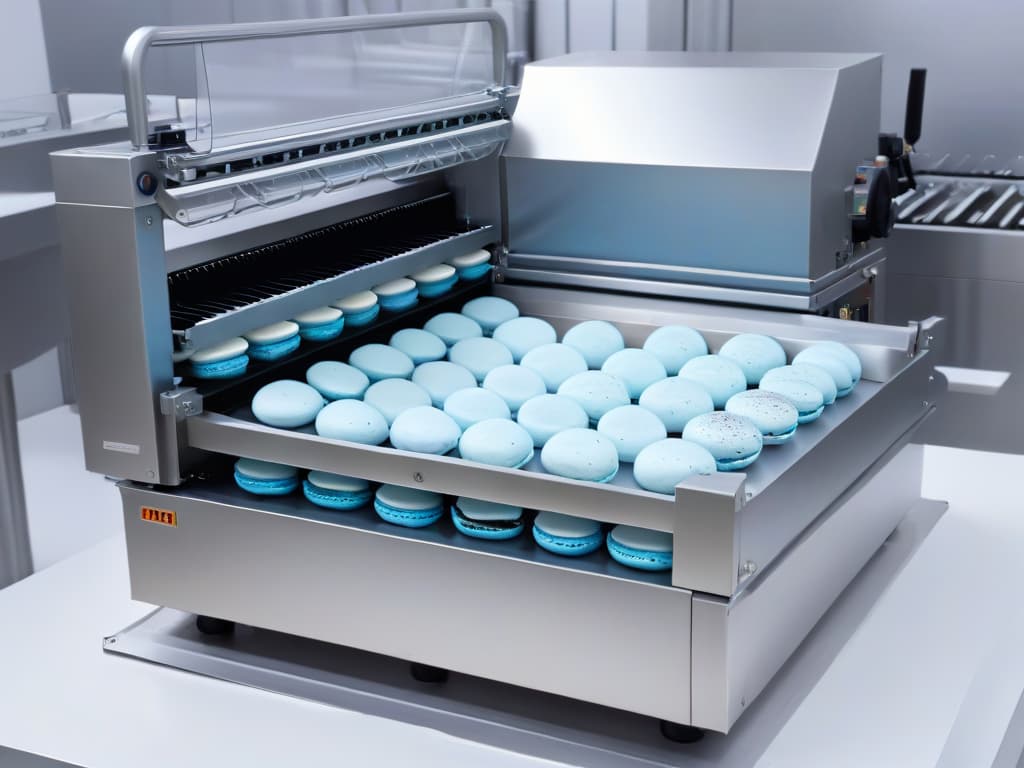  An ultradetailed image of a sleek, modern automatic macaronmaking machine in action, capturing the intricate process of piping out perfectly round, pastelcolored macaron shells onto trays with precision. The machine is set against a clean, white backdrop, emphasizing its cuttingedge technology and efficiency in creating uniform, flawless macarons. Each detail, from the smooth movements of the machine's components to the delicate swirls of batter, is depicted in crystalclear clarity, highlighting the artistry and consistency achievable with such advanced equipment. hyperrealistic, full body, detailed clothing, highly detailed, cinematic lighting, stunningly beautiful, intricate, sharp focus, f/1. 8, 85mm, (centered image composition), (professionally color graded), ((bright soft diffused light)), volumetric fog, trending on instagram, trending on tumblr, HDR 4K, 8K