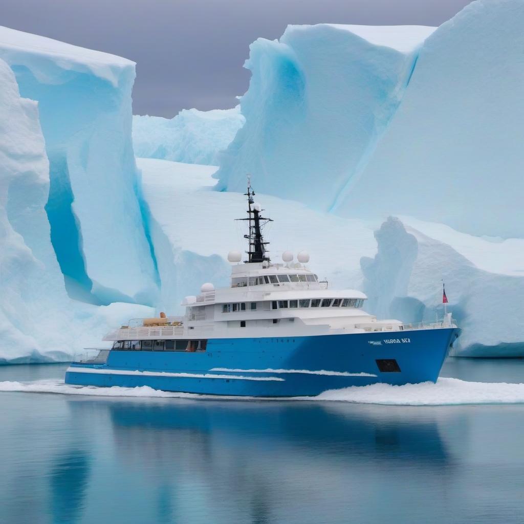  Draw a blue cruiser against the background of a not big iceberg