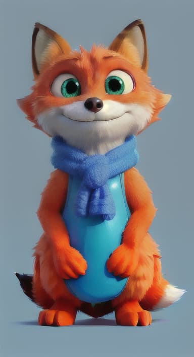  {Error the fox pressing the blue button with his paw, looking puzzled as nothing occurs., Error is a small, bright orange fox with a fluffy tail and big, inquisitive eyes. He has a mischievous yet kind expression and wears a tiny green scarf.