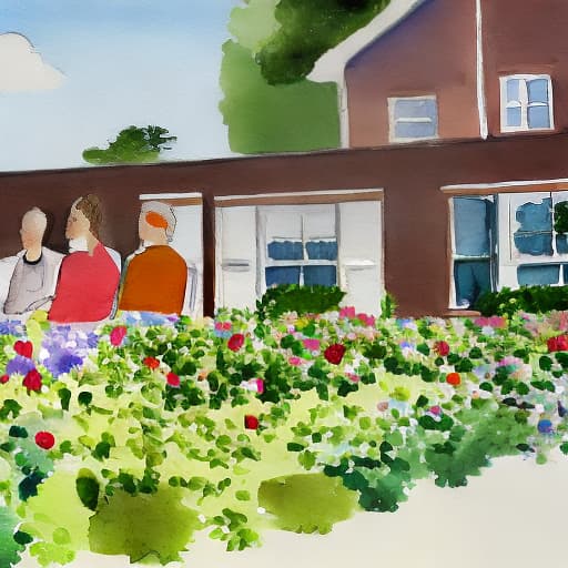 lnkdn photography An illustration of a Christian Quaker Meeting House with a beautiful garden, inspired by the watercolor paintings of Winslow Homer.