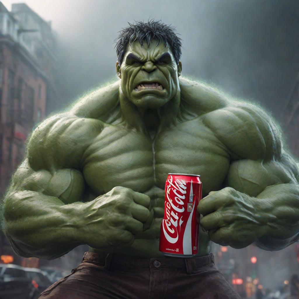  cinematic hulk with coca-cola, cute, hyper detail, full HD hyperrealistic, full body, detailed clothing, highly detailed, cinematic lighting, stunningly beautiful, intricate, sharp focus, f/1. 8, 85mm, (centered image composition), (professionally color graded), ((bright soft diffused light)), volumetric fog, trending on instagram, trending on tumblr, HDR 4K, 8K