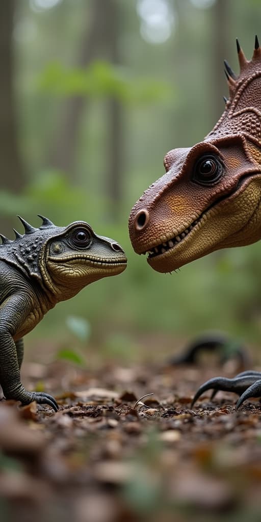  good quality, high quality, a toad and a allosaurus looking each other in the eyes, epic, side view