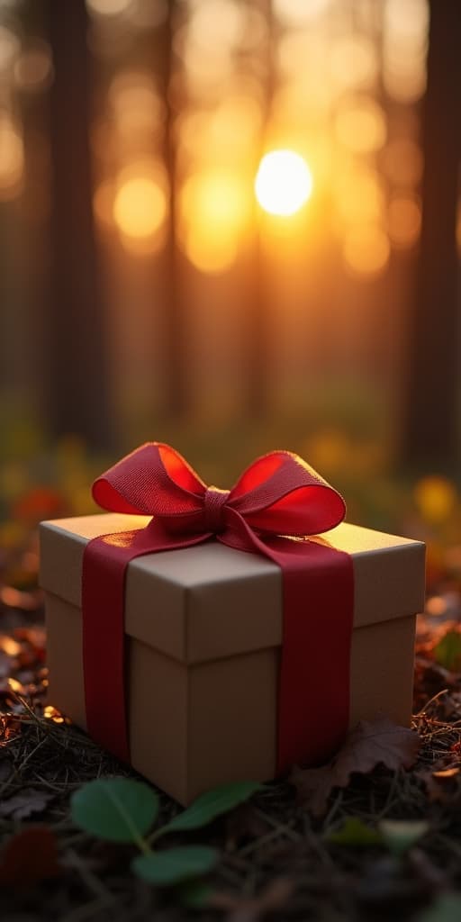  good quality, high quality, decorative gift box with a ribbon placed on a forest floor during sunset, symbolizing surprise