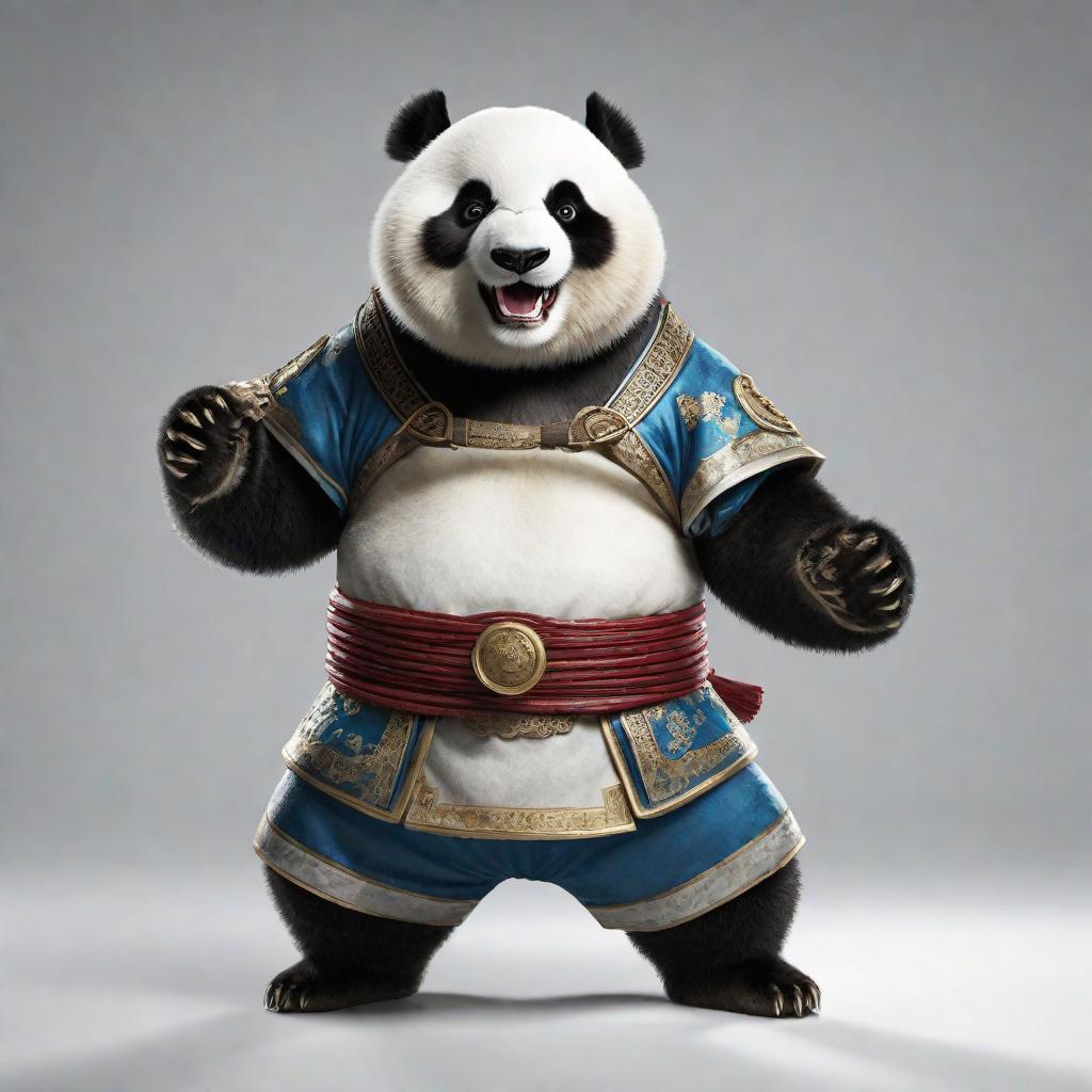  an evil chinese fighting panda with a full-length grin on a white background in high resolution, cute, hyper detail, full HD hyperrealistic, full body, detailed clothing, highly detailed, cinematic lighting, stunningly beautiful, intricate, sharp focus, f/1. 8, 85mm, (centered image composition), (professionally color graded), ((bright soft diffused light)), volumetric fog, trending on instagram, trending on tumblr, HDR 4K, 8K
