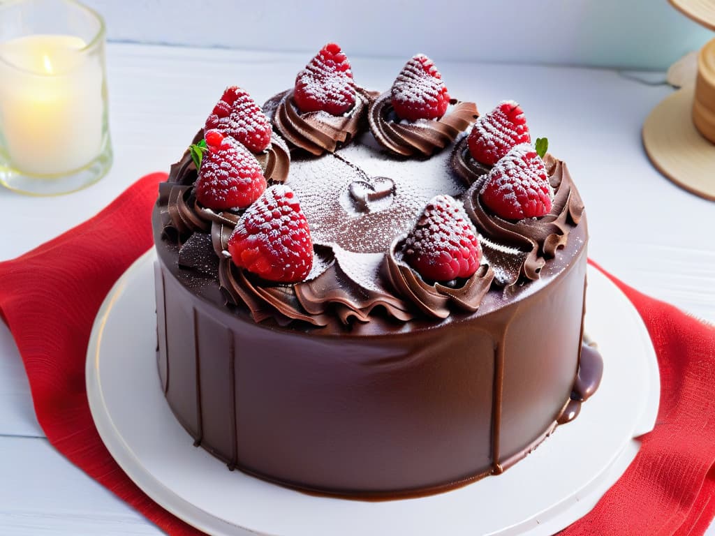  A closeup, ultradetailed image of a perfectly frosted vegan chocolate cake, garnished with fresh raspberries and mint leaves, set on a sleek, minimalist white plate. The glossy ganache glaze on the cake shines under soft lighting, showcasing the intricate swirls and texture of the frosting. The vibrant red of the raspberries pops against the rich brown of the cake, creating a visually stunning and appetizing composition. hyperrealistic, full body, detailed clothing, highly detailed, cinematic lighting, stunningly beautiful, intricate, sharp focus, f/1. 8, 85mm, (centered image composition), (professionally color graded), ((bright soft diffused light)), volumetric fog, trending on instagram, trending on tumblr, HDR 4K, 8K